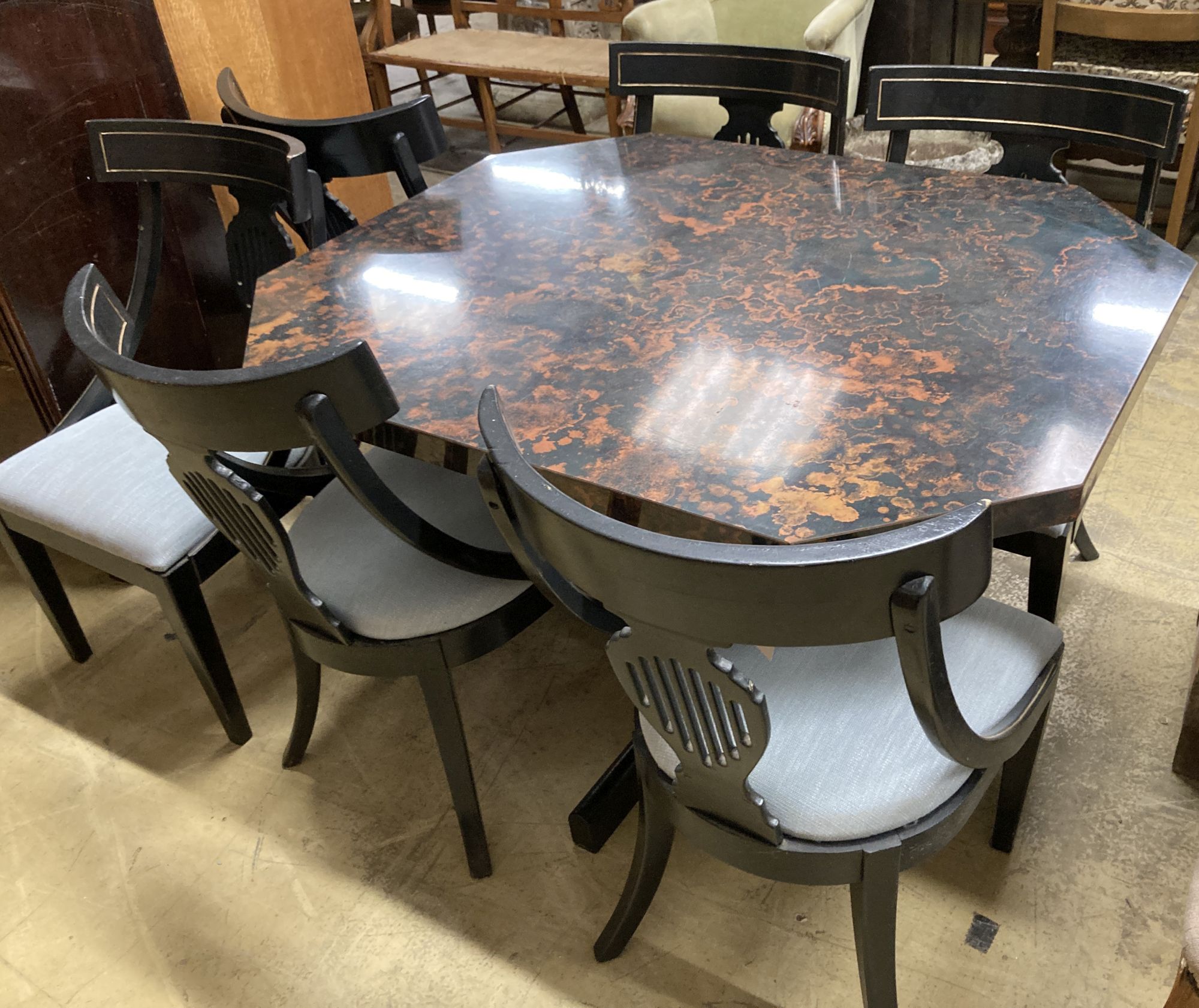 An Art Deco bakelite dining table, length 118cm, depth 96cm, height 73cm and six chairs